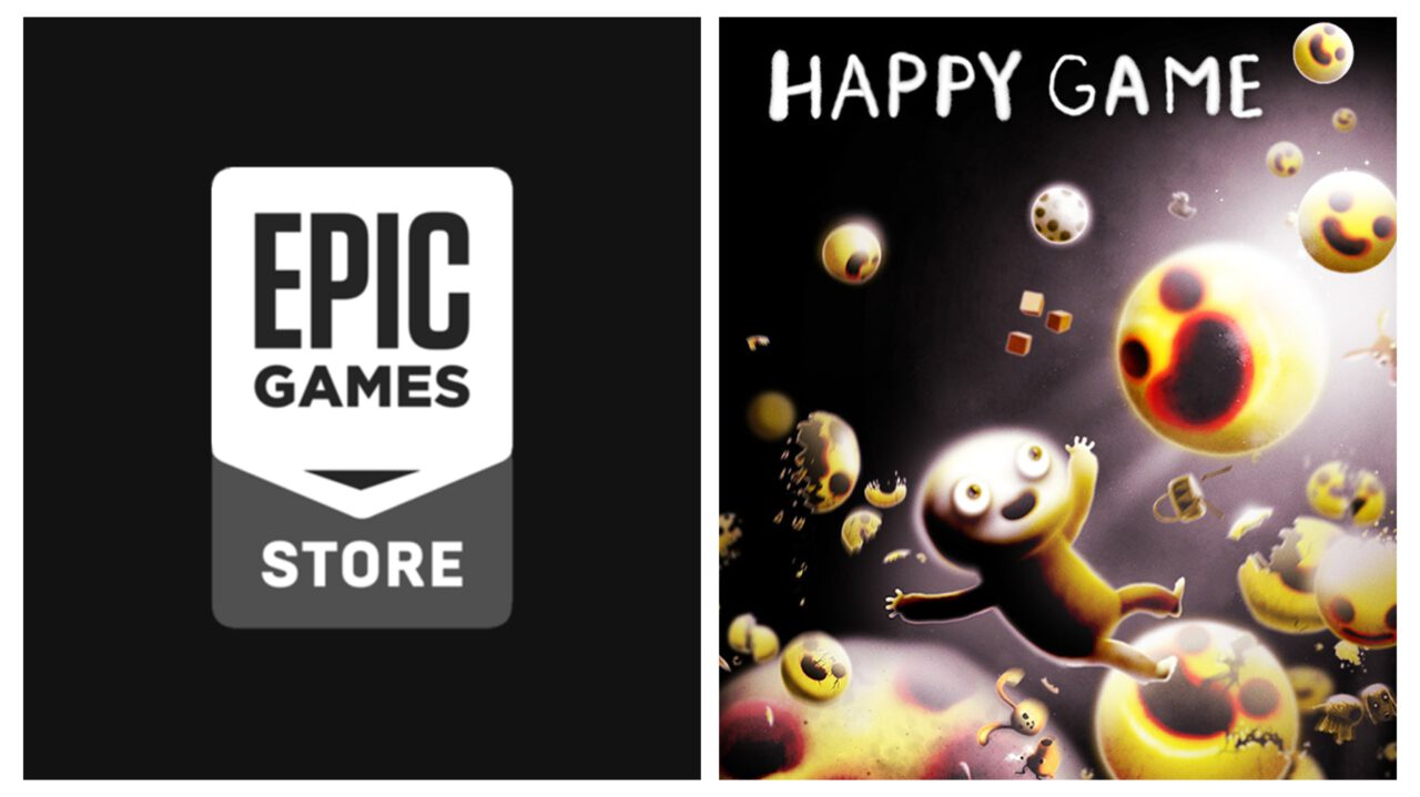 Left is the Epic Games Store logo. Right, a happy boy floats in darkness and smiles at ominous looking happy faces.