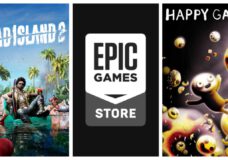 Left, a character sits casually in an LA pool while zombie chaos ensues around him in Dead Island 2. Middle is the Epic Games Store logo. Right a smiling boy floats in darkness and smiles at ominous happy faces floating around him.