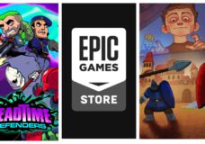 Left is a group of Defender soldiers battling a horde of monsters led by the grim reaper in Deadtime Defenders. Middle is the Epic Games Store logo. Right, an enormous young man looms over a battlefield as he types on a typewriter in Type Touch Tale.