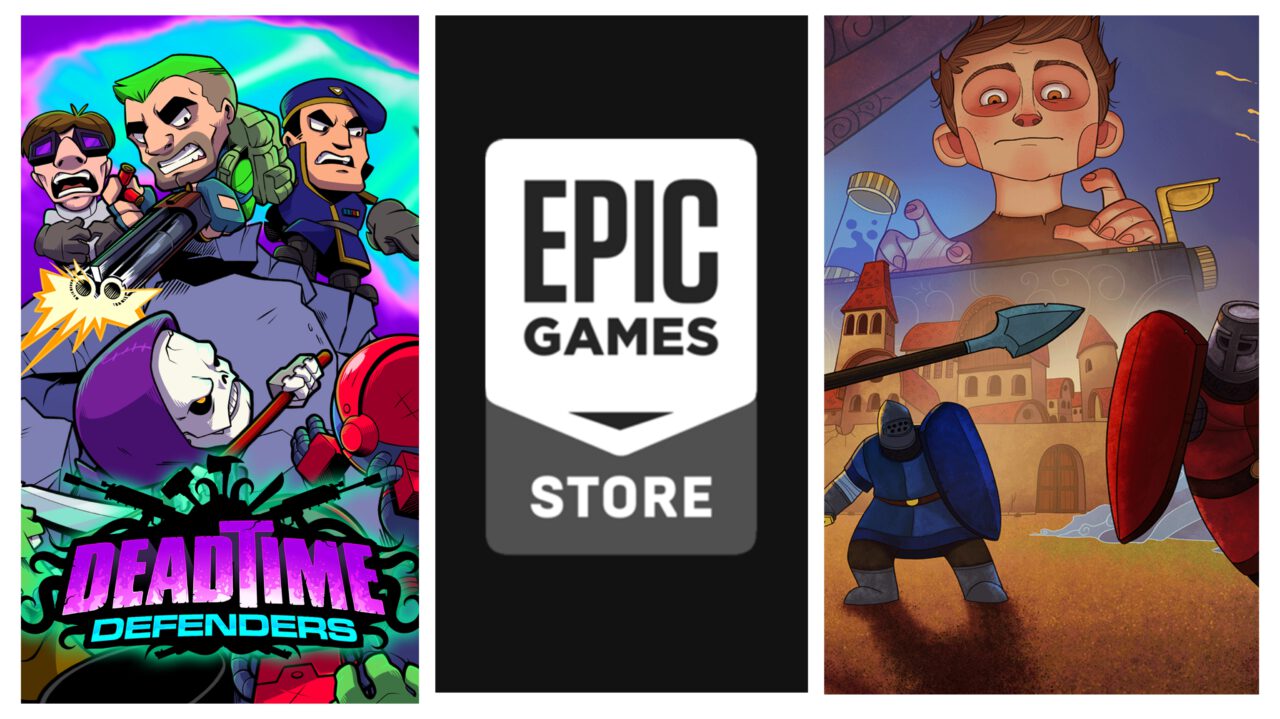 Left is a group of Defender soldiers battling a horde of monsters led by the grim reaper in Deadtime Defenders. Middle is the Epic Games Store logo. Right, an enormous young man looms over a battlefield as he types on a typewriter in Type Touch Tale.