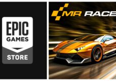 Left is the Epic games Store logo. Right, an orange high performance car races underneath the MR RACER logo.