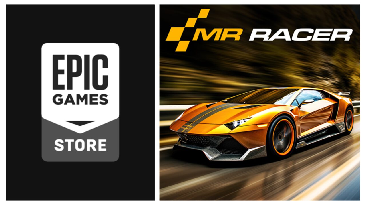 Left is the Epic games Store logo. Right, an orange high performance car races underneath the MR RACER logo.