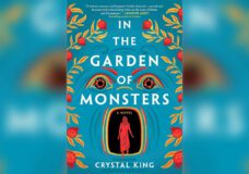 The cover of In the Garden of Monsters by Crystal King. The red silhouette of a woman stands inside the open mouth of a monster from the garden. Bright red Pomegranates sprawl around the edges.