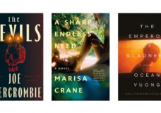 The covers of three new book releases coming out on May 13: The Devils, A Sharp Endless Need, and The Emperor of Gladness