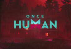 Once Human text in the foreground. A house is shown in the background with a red filter.