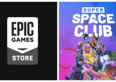 Left is the Epic Games Store logo. Right are several colorful animal characters from Super Space Club.