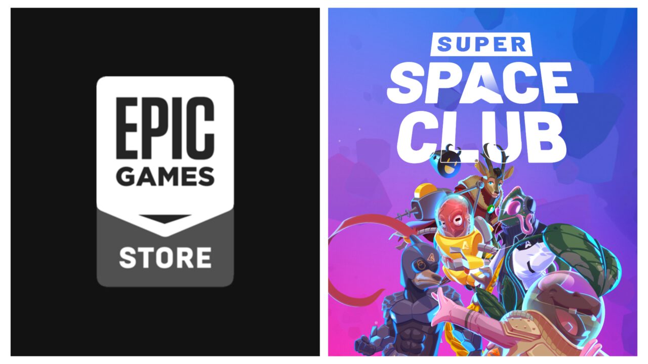Left is the Epic Games Store logo. Right are several colorful animal characters from Super Space Club.