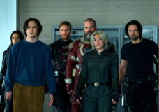 Ghost (Hsnnah John-Kamen), Bob (Lewis Pullman), Walker (Wyatt Russell), Alexei (David Harbour), Yelena (Florence Pugh) and Bucky (Sebastian Stan) confront Valentina in Thunderbolts*