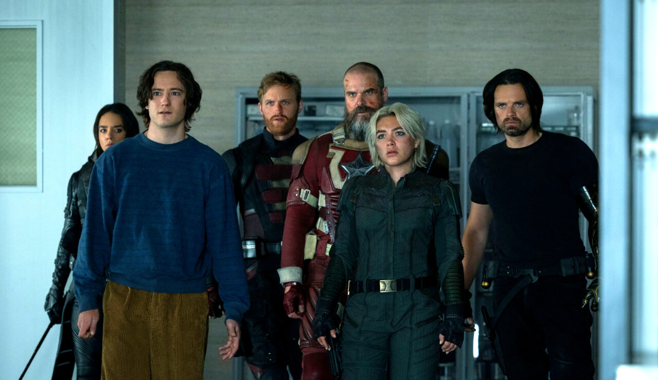 Ghost (Hsnnah John-Kamen), Bob (Lewis Pullman), Walker (Wyatt Russell), Alexei (David Harbour), Yelena (Florence Pugh) and Bucky (Sebastian Stan) confront Valentina in Thunderbolts*