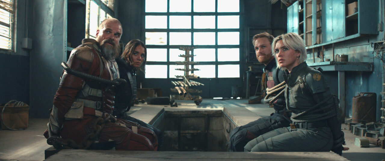 Bucky holds Alexei (David Harbour), Ghost (Hannah John-Kamen), Walker (Wyatt Russell) and Yelena (Florence Pugh) hostage in Thunderbolts*