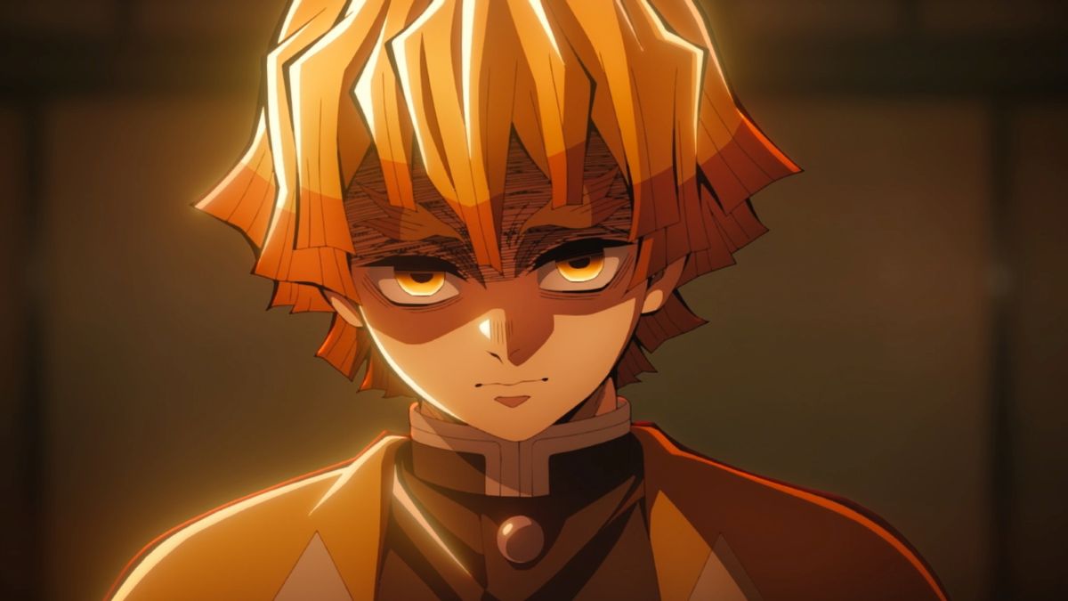 A still of Zenitsu as he looks angry while facing forward in the movie Demon Slayer: Kimetsu no Yaiba Infinity Castle.