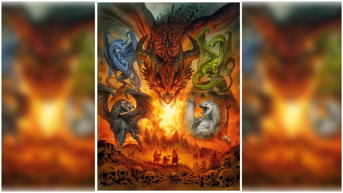 A slew of dragons looking over a fire on the cover of Dragon Delves.
